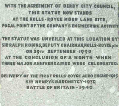 Inscription commemorating the move to Rolls Royce Moor Lane site in 1990